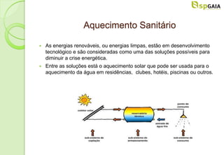 Aquecimento Sanitário

   As energias renováveis, ou energias limpas, estão em desenvolvimento
    tecnológico e são consideradas como uma das soluções possíveis para
    diminuir a crise energética.
   Entre as soluções está o aquecimento solar que pode ser usada para o
    aquecimento da água em residências, clubes, hotéis, piscinas ou outros.
 