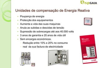 Unidades de compensação de Energia Reativa
    Poupança de energia
    Protecção dos equipamentos
    Aumenta a vida das suas maquinas
    Anula as subidas e descidas de tensão
    Supressão de sobrecargas até aos 40.000 volts
    3 anos de garantia e 20 anos de vida útil
    Sem encargos económicos.
     ◦ Redução entre 10% e 20% no consumo
     ◦ real da sua factura de electricidade
 