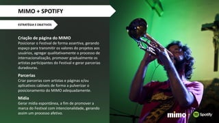 Criação de página do MIMO
Posicionar o Festival de forma assertiva, gerando
espaço para transmitir os valores do projetos aos
usuários, agregar qualitativamente o processo de
internacionalização, promover gradualmente os
artistas participantes do Festival e gerar parcerias
duradouras.
Parcerias
Criar parcerias com artistas e páginas e/ou
aplicativos cabíveis de forma a pulverizar o
posicionamento do MIMO adequadamente.
Mídia
Gerar mídia espontânea, a fim de promover a
marca do Festival com intencionalidade, gerando
assim um processo afetivo.
ESTRATÉGIA E OBJETIVOS
+
MIMO + SPOTIFY
 