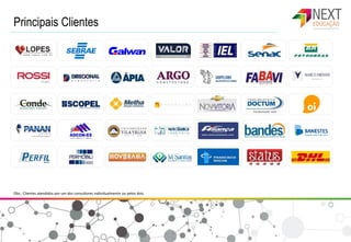 Principais Clientes
Obs.: Clientes atendidos por um dos consultores individualmente ou pelos dois.
 