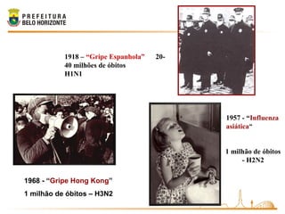 1968 - “Gripe Hong Kong”
1 milhão de óbitos – H3N2
1957 - “Influenza
asiática”
1 milhão de óbitos
- H2N2
1918 – “Gripe Esp...