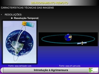CARACTERÍSTICAS TÉCNICAS DAS IMAGENS
• RESOLUÇÕES:
► Resolução Temporal:
Fonte: www.defesabr.com
SENSORIAMENTO REMOTO
Introdução à Agrimensura
Fonte: www.sti.usra.edu
 
