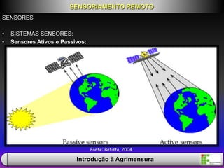 SENSORES
• SISTEMAS SENSORES:
• Sensores Ativos e Passivos:
SENSORIAMENTO REMOTO
Introdução à Agrimensura
Fonte: Batista, 2004.
 