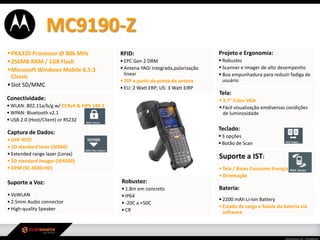 MC9190-Z
PXA320 Processor @ 806 MHz
256MB RAM / 1GB Flash
Microsoft Windows Mobile 6.5.3
Classic
Slot SD/MMC
Captura de Dados:
 UHF RFID
 1D standard laser (SE960)
 Extended range laser (Lorax)
 2D standard imager (SE4500)
 DPM (SE-4500-HD)
Conectividade:
 WLAN: 802.11a/b/g w/ CCXv4 & FIPS 140-2
 WPAN: Bluetooth v2.1
 USB 2.0 (Host/Client) or RS232
Suporte a Voz:
 VoWLAN
 2.5mm Audio connector
 High-quality Speaker
Tela:
 3.7" Color VGA
 Fácil visualização emdiversas condições
de luminosidade
Bateria:
 2200 mAh Li-Ion Battery
 Estado de carga e Saúde da bateria via
software
Projeto e Ergonomia:
 Robustez
 Scanner e Imager de alto desempenho
 Boa empunhadura para reduzir fadiga de
usuário
Teclado:
 3 opções
 Botão de Scan
Suporte a IST:
 Tela / Baixo Consumo Energia
 Orientação
Robustez:
 1.8m em concreto
 IP64
 -20C a +50C
 CR
RFID:
 EPC Gen 2 DRM
 Antena YAGI integrada,polarização
linear
 70º a partir da ponta da antena
 EU: 2 Watt ERP; US: 3 Watt EIRP
 