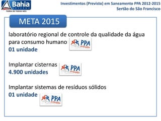 laboratório regional de controle da qualidade da água
para consumo humano
01 unidade
Implantar cisternas
4.900 unidades
Implantar sistemas de resíduos sólidos
01 unidade
META 2015
Investimentos (Previsto) em Saneamento PPA 2012-2015
Sertão do São Francisco
 
