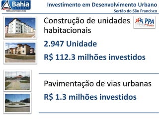 Construção de unidades
habitacionais
2.947 Unidade
R$ 112.3 milhões investidos
Pavimentação de vias urbanas
R$ 1.3 milhões investidos
Investimento em Desenvolvimento Urbano
Sertão do São Francisco
 