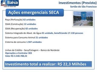 Poço (Perfuração) 62 unidades
SSAA (Construção) 12 unidades
SSAA (Recuperação) 02 unidades
Sistema Integrado de Abast. de Água 01 unidade, beneficiando 17.130 pessoas
Sistema para Consumo Animal 21 unidades
Cisterna de consumo 1.947 unidades
Linhas de Crédito - Seca/Estiagem – Banco do Nordeste
Operações a Contratar 303
Valor R$ 3.540.788,22
Investimentos (Previsto)
Sertão do São Francisco
Investimento total a realizar: R$ 22,3 Milhões
Ações emergenciais SECA
 