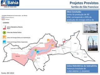 Obra Concluída:
Sento Sé produção de 90
MW, corresponde a 50% da
produção de energia eólica da
Bahia
Projetos Previstos
Sertão do São Francisco
Fonte: ZEE 2013
Usina Hidrelétrica de Sobradinho
Potencia instalada de
1.050.000KW (1.050MW)
 