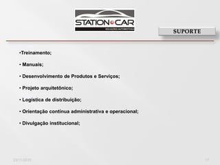 •Treinamento;

   • Manuais;

   • Desenvolvimento de Produtos e Serviços;

   • Projeto arquitetônico;

   • Logística de distribuição;

   • Orientação contínua administrativa e operacional;

   • Divulgação institucional;




23/11/2010                                               17
 