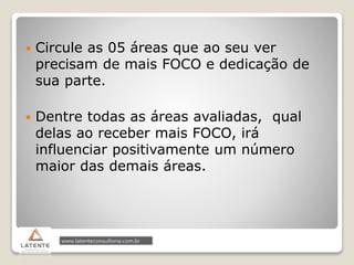  Circule as 05 áreas que ao seu ver
precisam de mais FOCO e dedicação de
sua parte.
 Dentre todas as áreas avaliadas, qual
delas ao receber mais FOCO, irá
influenciar positivamente um número
maior das demais áreas.
 