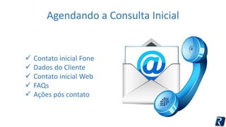 Agendando a Consulta Inicial 
 Contato inicial Fone 
 Dados do Cliente 
 Contato inicial Web 
 FAQs 
 Ações pós contato 
 