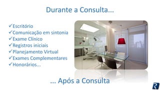 Durante a Consulta... 
Escritório 
Comunicação em sintonia 
Exame Clínico 
Registros iniciais 
Planejamento Virtual 
Exames Complementares 
Honorários... 
... Após a Consulta 
 