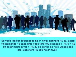 Se você indicar 10 pessoas no 1º nível, ganhará R$ 50. Estas 10 indicando 10 cada uma você terá 100 pessoas x  R$ 5 + R$ 50 do primeiro nível +  R$ 30 de bônus do nível Associado pró, você terá R$ 580 no 2º nível!    