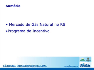 Sumário




• Mercado de Gás Natural no RS
•Programa de Incentivo
 