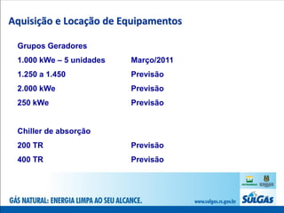 Aquisição e Locação de Equipamentos

 Grupos Geradores
 1.000 kWe – 5 unidades   Março/2011
 1.250 a 1.450            Previsão
 2.000 kWe                Previsão
 250 kWe                  Previsão


 Chiller de absorção
 200 TR                   Previsão
 400 TR                   Previsão
 