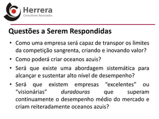 Questões a Serem Respondidas
• Como uma empresa será capaz de transpor os limites
  da competição sangrenta, criando e inovando valor?
• Como poderá criar oceanos azuis?
• Será que existe uma abordagem sistemática para
  alcançar e sustentar alto nível de desempenho?
• Será que existem empresas “excelentes” ou
  “visionárias”     duradouras         que    superam
  continuamente o desempenho médio do mercado e
  criam reiteradamente oceanos azuis?
 
