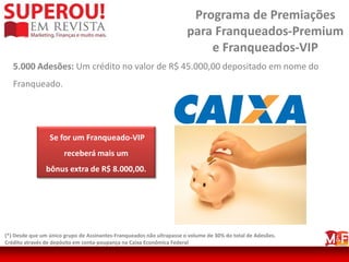 Programa de Premiações
                                                                       para Franqueados-Premium
                                                                           e Franqueados-VIP
   5.000 Adesões: Um crédito no valor de R$ 45.000,00 depositado em nome do
   Franqueado.




                 Se for um Franqueado-VIP
                       receberá mais um
                bônus extra de R$ 8.000,00.




(*) Desde que um único grupo de Assinantes-Franqueados não ultrapasse o volume de 30% do total de Adesões.
Crédito através de depósito em conta-poupança na Caixa Econômica Federal
 