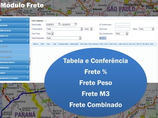 Tabela e Conferência
Frete %
Frete Peso
Frete M3
Frete Combinado
Módulo Frete
 