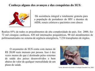 Conheça alguns dos avanços e das conquistas do SUS:


                               Dá assistência integral e totalmente gratuita para
                              a população de portadores do HIV e doentes de
                              AIDS, renais crônicos e pacientes com câncer.


Realiza 85% de todos os procedimentos de alta complexidade do país. Em 2000, fez
72 mil cirurgias cardíacas, 420 mil internações psiquiátricas, 90 mil atendimentos de
politraumatizados no sistema de urgência emergência, 7.234 transplantes de órgãos.



       O orçamento do SUS conta com menos de
   R$ 20,00 reais mensais por pessoa. Isso é dez
   vezes menos do que é destinado pelos sistemas
   de saúde dos países desenvolvidos e bem
   abaixo do valor de qualquer mensalidade de um
   plano de saúde.
                                                     Fonte: Ministério da Saúde e Fundação Oswaldo Cruz, 2002.
 