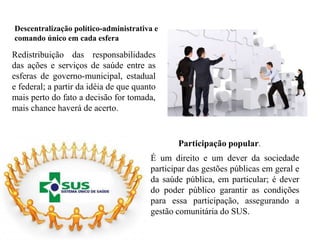 Descentralização político-administrativa e
comando único em cada esfera

Redistribuição das responsabilidades
das ações e serviços de saúde entre as
esferas de governo-municipal, estadual
e federal; a partir da idéia de que quanto
mais perto do fato a decisão for tomada,
mais chance haverá de acerto.


                                               Participação popular.
                                        É um direito e um dever da sociedade
                                        participar das gestões públicas em geral e
                                        da saúde pública, em particular; é dever
                                        do poder público garantir as condições
                                        para essa participação, assegurando a
                                        gestão comunitária do SUS.
 