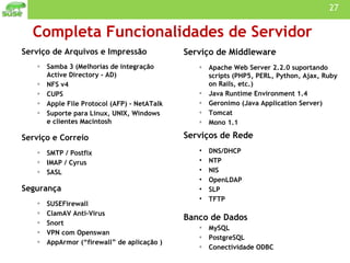 Completa Funcionalidades de Servidor Serviço de Arquivos e Impressão Samba 3 (Melhorias de integração Active Directory - AD) NFS v4 CUPS Apple File Protocol (AFP) - NetATalk Suporte para Linux, UNIX, Windows e clientes Macintosh  Serviço e Correio SMTP / Postfix IMAP / Cyrus SASL Segurança SUSEFirewall ClamAV Anti-Virus  Snort VPN com Openswan AppArmor (“firewall” de aplicação ) Serviço de Middleware  Apache Web Server 2.2.0 suportando scripts (PHP5, PERL, Python, Ajax, Ruby on Rails, etc.) Java Runtime Environment 1.4 Geronimo (Java Application Server) Tomcat  Mono 1.1 Serviços de Rede   DNS/DHCP NTP NIS OpenLDAP SLP TFTP Banco de Dados MySQL PostgreSQL Conectividade ODBC 
