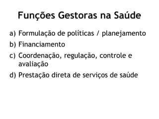 Funções Gestoras na Saúde 
a) Formulação de políticas / planejamento 
b) Financiamento 
c) Coordenação, regulação, controle e 
avaliação 
d) Prestação direta de serviços de saúde 
 