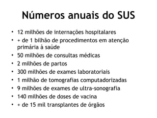 Números anuais do SUS 
• 12 milhões de internações hospitalares 
• + de 1 bilhão de procedimentos em atenção 
primária à saúde 
• 50 milhões de consultas médicas 
• 2 milhões de partos 
• 300 milhões de exames laboratoriais 
• 1 milhão de tomografias computadorizadas 
• 9 milhões de exames de ultra-sonografia 
• 140 milhões de doses de vacina 
• + de 15 mil transplantes de órgãos 
 