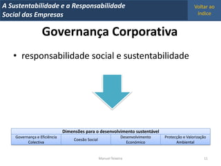 A Metrics 2008
IT Sustentabilidade e a Responsabilidade                                                          Voltar ao
Implementação de um IT Balanced Scorecard
Social das Empresas                                                                                índice


                  Governança Corporativa
   • responsabilidade social e sustentabilidade




                              Dimensões para o desenvolvimento sustentável
    Governança e Eficiência                                     Desenvolvimento   Protecção e Valorização
                                   Coesão Social
          Colectiva                                                Económico            Ambiental


                                                   Manuel Teixeira                                     11
 