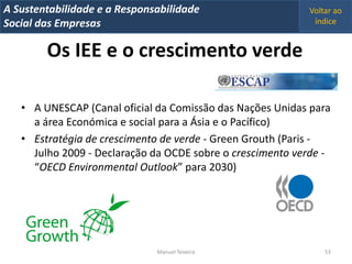 A Metrics 2008
IT Sustentabilidade e a Responsabilidade                   Voltar ao
Implementação de um IT Balanced Scorecard
Social das Empresas                                         índice


         Os IEE e o crescimento verde

   • A UNESCAP (Canal oficial da Comissão das Nações Unidas para
     a área Económica e social para a Ásia e o Pacífico)
   • Estratégia de crescimento de verde - Green Grouth (Paris -
     Julho 2009 - Declaração da OCDE sobre o crescimento verde -
     “OECD Environmental Outlook” para 2030)




                                Manuel Teixeira                53
 