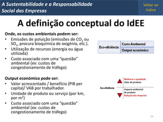 A Metrics 2008
IT Sustentabilidade e a Responsabilidade         Voltar ao
Implementação de um IT Balanced Scorecard
Social das Empresas                               índice


       A definição conceptual do IdEE
 Onde, os custos ambientais podem ser:
 • Emissões de poluição (emissões de CO2 ou
   SOx, procura bioquímica de oxigénio, etc.).
 • Utilização de recursos (energia ou água
   utilizada)
 • Custo associado com uma “questão”
   ambiental (ex: custos de
   congestionamento de tráfego)

 Output económico pode ser:
 • Valor acrescentado / benefício (PIB per
   capita)/ VAB por trabalhador.
 • Unidade de produto ou serviço (por km,
   por m2)
 • Custo associado com uma “questão”
   ambiental (ex: custos de
   congestionamento de tráfego)
                                                     54
 