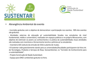 • Abrangência Ambiental do evento
- Inscrições gratuitas com o objetivo de democratizar a participação nos eventos; 90% dos eventos
são gratuitos
- Atividades externas de educação p/ sustentabilidade focadas nos estudantes de nível
fundamental, médio e universitário, realizadas em espaços públicos e no próprio Minascentro, com
objetivo de estimular os jovens ao conhecimento e à prática da sustentabilidade; Essas atividades
são realizadas com monitores e fornecimento lanche e prêmios p/ os estudantes.
- Inventário GEE (cálculo da emissão de CO2) e plantio de mudas.
- O Sustentar cede gratuitamente stands para as universidades/faculdades participarem da Feira Int.
de Tecnologias, Produtos e Serviços de Resp. Socioambiental, no "Corredor do Conhecimento para
a sustentabilidade".
- Projeto Construção de Nação Sustentável;
- Espaço para ONG's ambientais gratuito na Feira.
 
