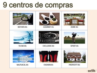 MOTORS life
SPORT life
NAUTUICAL life FASHION life PROPERTY life
GOURMETl ife DOME life
TECNO life EXCLUSIVE life
9 centros de compras
 