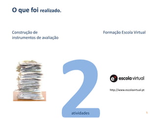 O que foi realizado.
Construção de
instrumentos de avaliação
Formação Escola Virtual
5atividades
http://www.escolavirtual.pt
 