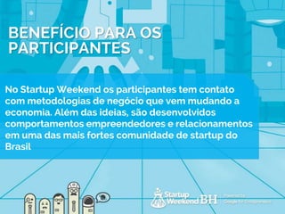 No Startup Weekend os participantes tem contato
com metodologias de negócio que vem mudando a
economia. Além das ideias, são desenvolvidos
comportamentos empreendedores e relacionamentos
em uma das mais fortes comunidade de startup do
Brasil
BENEFÍCIO PARA OS
PARTICIPANTES
 
