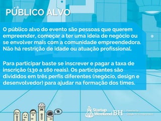 O público alvo do evento são pessoas que querem
empreender, começar a ter uma ideia de negócio ou
se envolver mais com a comunidade empreendedora.
Não há restrição de idade ou atuação profissional.
Para participar baste se inscrever e pagar a taxa de
inscrição (130 a 160 reais). Os participantes são
divididos em três perfis diferentes (negócio, design e
desenvolvedor) para ajudar na formação dos times.
PÚBLICO ALVO
 