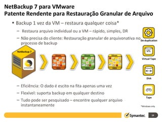 NetBackup 7 para VMware  Patente Rendente para Restauração Granular de Arquivo Virtual Tape Disk De-duplication Tape *Windows only Backup 1 vez da VM – restaura qualquer coisa* Restaura arquivo individual ou a VM – rápido, simples, DR Não precisa do cliente: Restauração granular de arquivonativa no processo de backup Eficiência: O dado é escito na fita apenas uma vez Flexível: suporta backup em qualquer destino Tudo pode ser pesquisado – encontre qualquer arquivo instantaneamente NetBackup 7 