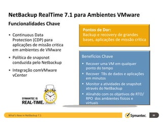 NetBackup RealTime 7.1 para Ambientes VMware  Funcionalidades Chave Continuous Data Protection (CDP) para aplicações de missão critica em ambientes de VMware Política de snapsnot conduzida pelo Netbackup Integração comVMware vCenter  What’s New in NetBackup 7.1 Pontos de Dor: Backup e recovery de grandes bases, aplicações de missão critica  Benefícios Chave Recover uma VM em qualquer ponto do tempo Recover  TBs de dados e aplicações em minutos Monitor a atividades de snapshot através do NetBackup Alinahdo com os objetivos de RTO/RPO  dos ambientes físicos e virtuais 