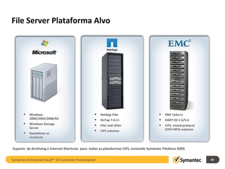 File Server Plataforma Alvo Windows 2000/2003/2008/R2 Windows Storage Server Standalone or clustered NetApp Filer OnTap 7.0.1+ Filer and vFiler CIFS volumes EMC Celerra DART OS 5.5/5.6 CIFS, mixed-protocol (CIFS+NFS) volumes Suporte  de Archiving e Internet Shortcuts  para  todos as plataformas CIFS, incluindo Symantec FileStore 8300 Symantec Enterprise Vault™ 10 Customer Presentation 