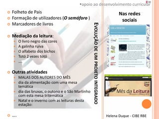 apoio ao desenvolvimento curricular
   Folheto de Pais                                                                            Nas redes
   Formação de utilizadores (O semáforo )                                                      sociais
    Marcadores de livros




                                                     EVOLUÇÃO DE UM PROJETO INTEGRADO



   Mediação da leitura:
        O livro negro das cores




                                                                                                                  Helena Duque - CIBE RBE
        A galinha ruiva
        O alfabeto dos bichos
        Totó 2 vezes totó
        ….

   Outras atividades
        MALAS DOS AUTORES DO MÊS
        dia da alimentação com uma mesa
         temática
        dia das bruxas, o outono e o São Martinho
         com esta mesa tritemática
        Natal e o inverno com as leituras desta
         estação:

   ….                                                                                  Helena Duque - CIBE RBE
 
