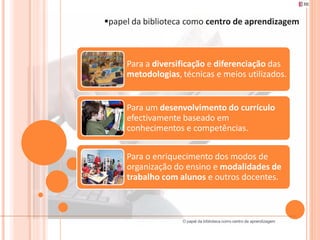 papel da biblioteca como centro de aprendizagem



     Para a diversificação e diferenciação das
     metodologias, técnicas e meios utilizados.


     Para um desenvolvimento do currículo
     efectivamente baseado em
     conhecimentos e competências.


     Para o enriquecimento dos modos de
     organização do ensino e modalidades de
     trabalho com alunos e outros docentes.



                   O papel da biblioteca como centro de aprendizagem
 