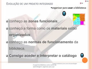 EVOLUÇÃO DE UM PROJETO INTEGRADO
                                             organizar para usar a biblioteca




 conheço as zonas funcionais;

 conheço a forma como os materiais estão
 organizados;

 conheço as normas de funcionamento da
 biblioteca.

 Consigo aceder e interpretar o catálogo
                                                O papel da biblioteca como centro de aprendizagem
                  O papel da biblioteca como centro de
                  aprendizagem: organizar para usar
 