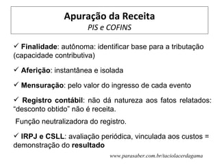 Apuração da Receita
                      PIS e COFINS

 Finalidade: autônoma: identificar base para a tributação
(capacidade contributiva)
 Aferição: instantânea e isolada

 Mensuração: pelo valor do ingresso de cada evento

 Registro contábil: não dá natureza aos fatos relatados:
“desconto obtido” não é receita.
Função neutralizadora do registro.
 IRPJ e CSLL: avaliação periódica, vinculada aos custos =
demonstração do resultado
                             www.parasaber.com.br/taciolacerdagama
 