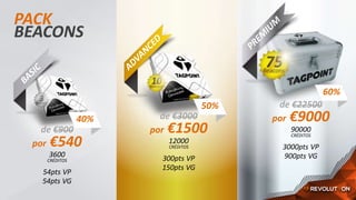 PACK
BEACONS
de €900
por €540
3600
CRÉDITOS
54pts VP
54pts VG
de €3000
por €1500
12000
CRÉDITOS
300pts VP
150pts VG
de €22500
por €9000
90000
CRÉDITOS
3000pts VP
900pts VG
40%
50%
60%
 