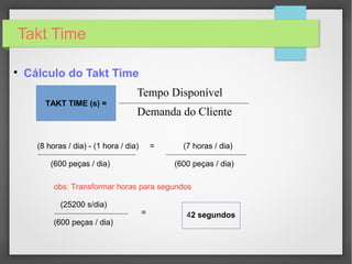 Takt Time

Exemplo Prático
Em uma determinada indústria o departamento de
engenharia industrial ficou responsável em realizar o
estudo do Takt Time e do tempo de ciclo. As informações
levantadas no processo produtivo foram as seguintes:
- Tempo total disponível: 08 horas / dia
- Turnos: 01 / dia
- Intervalos: 01 hora / dia
- Demanda do cliente: 600 peças / dia
Tempo de Ciclo dos Operadores
1- Determinar o Takt Time.
2- Determinar a quantidade necessárias de
operadores para atender a demanda.
3- Avaliar o gráfico takt time x tempo de ciclo.
 