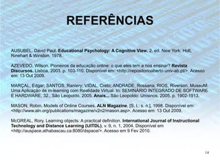 REFERÊNCIAS

AUSUBEL. David Paul. Educational Psychology: A Cognitive View. 2. ed. New York: Holt,
Rinehart & Winston, 1978.

AZEVEDO, Wilson. Pioneiros da educação online: o que eles tem a nos ensinar? Revista
Discursos. Lisboa, 2003. p. 103-110. Disponível em: <http://repositorioaberto.univ-ab.pt/>. Acesso
em: 13 Out 2009.

MARÇAL, Edgar; SANTOS, Raniery; VIDAL, Creto; ANDRADE, Rossana; RIOS, Riverson. MuseuM:
Uma Aplicação de m-learning com Realidade Virtual. In: SEMINÁRIO INTEGRADO DE SOFTWARE
E HARDWARE, 32., São Leopoldo, 2005. Anais... São Leopoldo: Unisinos, 2005. p. 1902-1913.

MASON, Robin. Models of Online Courses. ALN Magazine, [S. l.: s. n.], 1998. Disponível em:
<http://www.aln.org/publications/magazine/v2n2/mason.asp>. Acesso em: 13 Out 2009.

McGREAL, Rory. Learning objects: A practical definition. International Journal of Instructional
Technology and Distance Learning (IJITDL), v. 9, n. 1, 2004. Disponível em
<http://auspace.athabascau.ca:8080/dspace/>. Acesso em 9 Fev 2010.



                                                                                                     14
 