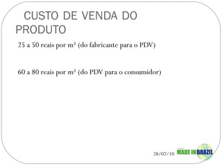 CUSTO DE VENDA DO  PRODUTO 25 a 50 reais por m² (do fabricante para o PDV) 60 a 80 reais por m² (do PDV para o consumidor)  