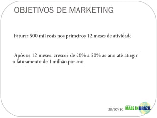 OBJETIVOS DE MARKETING Faturar 500 mil reais nos primeiros 12 meses de atividade Após os 12 meses, crescer de 20% a 50% ao ano até atingir o faturamento de 1 milhão por ano 
