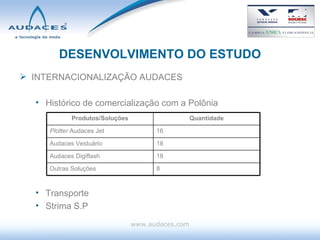 DESENVOLVIMENTO DO ESTUDO INTERNACIONALIZAÇÃO AUDACES Histórico de comercialização com a Polônia Transporte Strima S.P www.audaces.com Produtos/Soluções Quantidade Plotter  Audaces Jet 16 Audaces Vestuário 18 Audaces Digiflash 18 Outras Soluções 8 