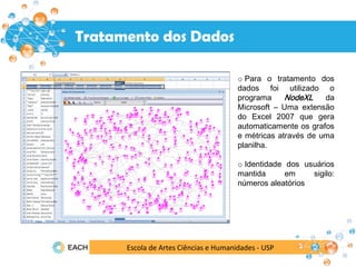 Escola de Artes Ciências e Humanidades - USP
o Para o tratamento dos
dados foi utilizado o
programa NodeXL da
Microsoft – Uma extensão
do Excel 2007 que gera
automaticamente os grafos
e métricas através de uma
planilha.
o Identidade dos usuários
mantida em sigilo:
números aleatórios
Tratamento dos Dados
 