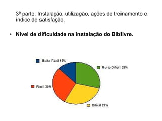 3ª parte: Instalação, utilização, ações de treinamento e índice de satisfação. Nível de dificuldade na instalação do Biblivre. 